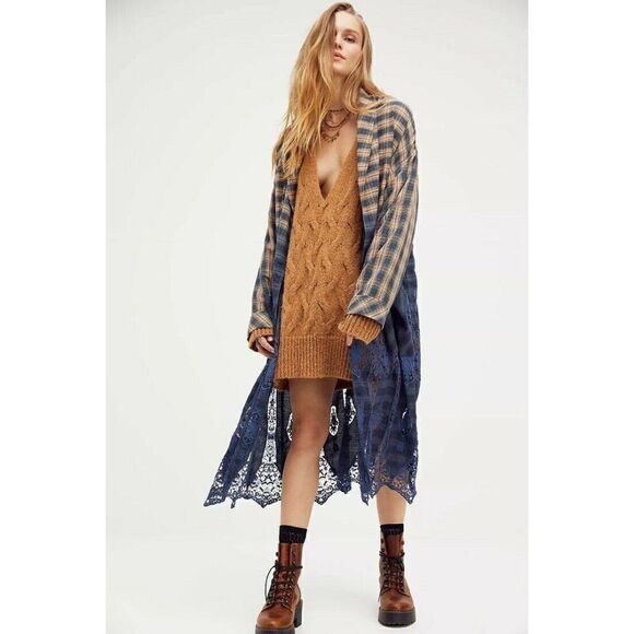 NWT FREE PEOPLE Sz S JUNE CABLE V NECK SWEATER LONGLINE SLOUCHY KNIT TUNIC - Picture 1 of 5